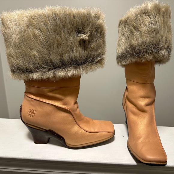 Vintage Timberland Baychester Fur Iridescent Peach leather Fold Down Boots sz 10 - Picture 4 of 4